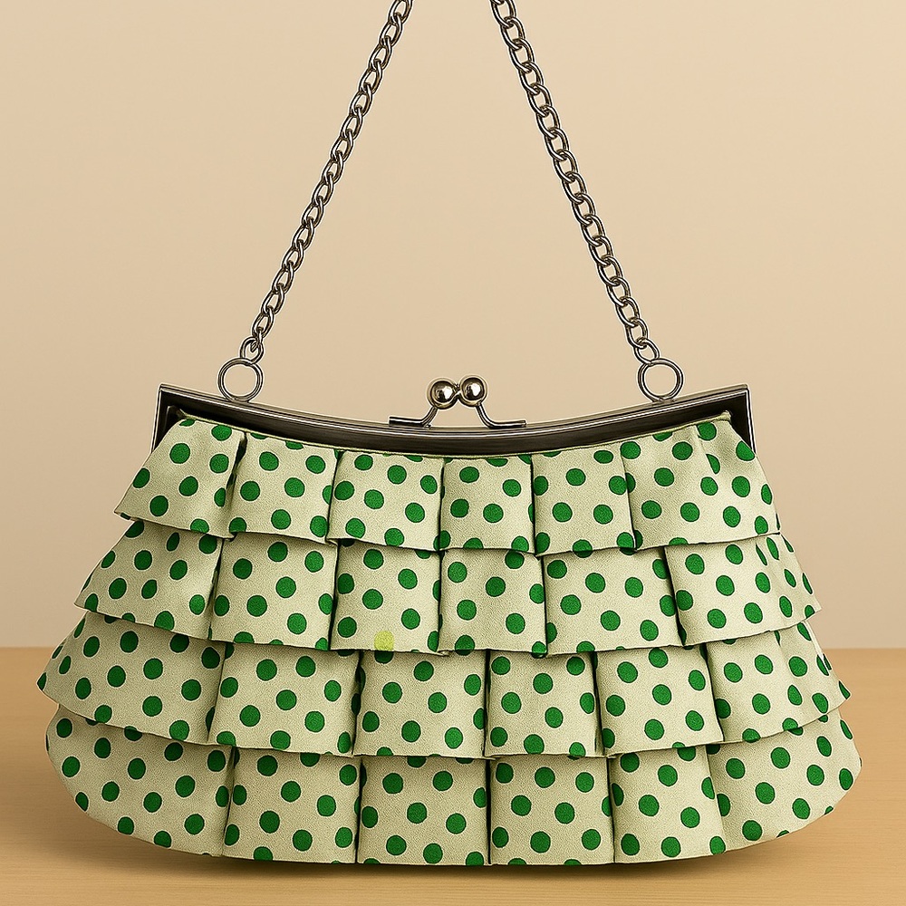 Green Polka Dot Ruffled Clutch Purse with Chain Strap